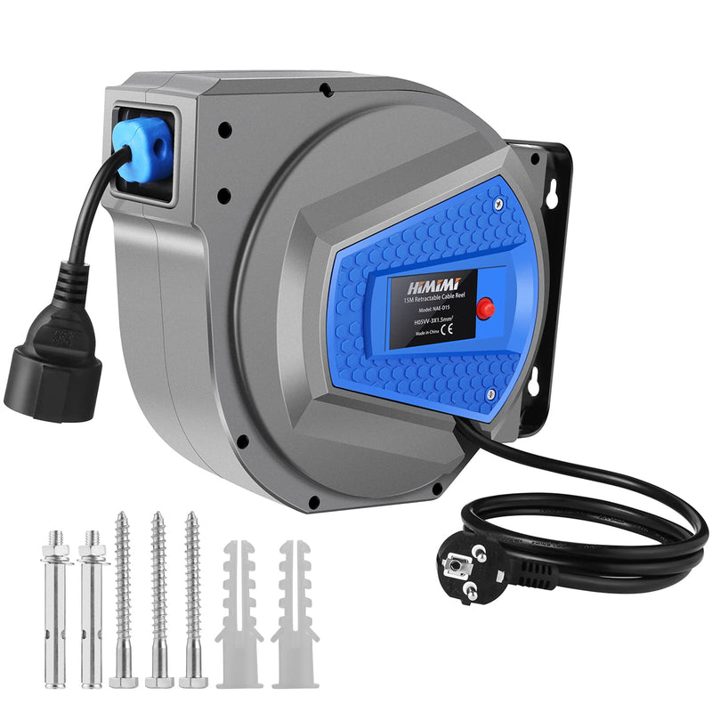 Himimi Automatik Kabeltrommel 15m + 1m 1500W ~ 3000W Kabelaufroller Automatisch Stromtrommel Schlauchaufroller, Verlängerungskabel außen Wandmontage, Überlastschutz, Wand Deckenmontage, 180° drehbar