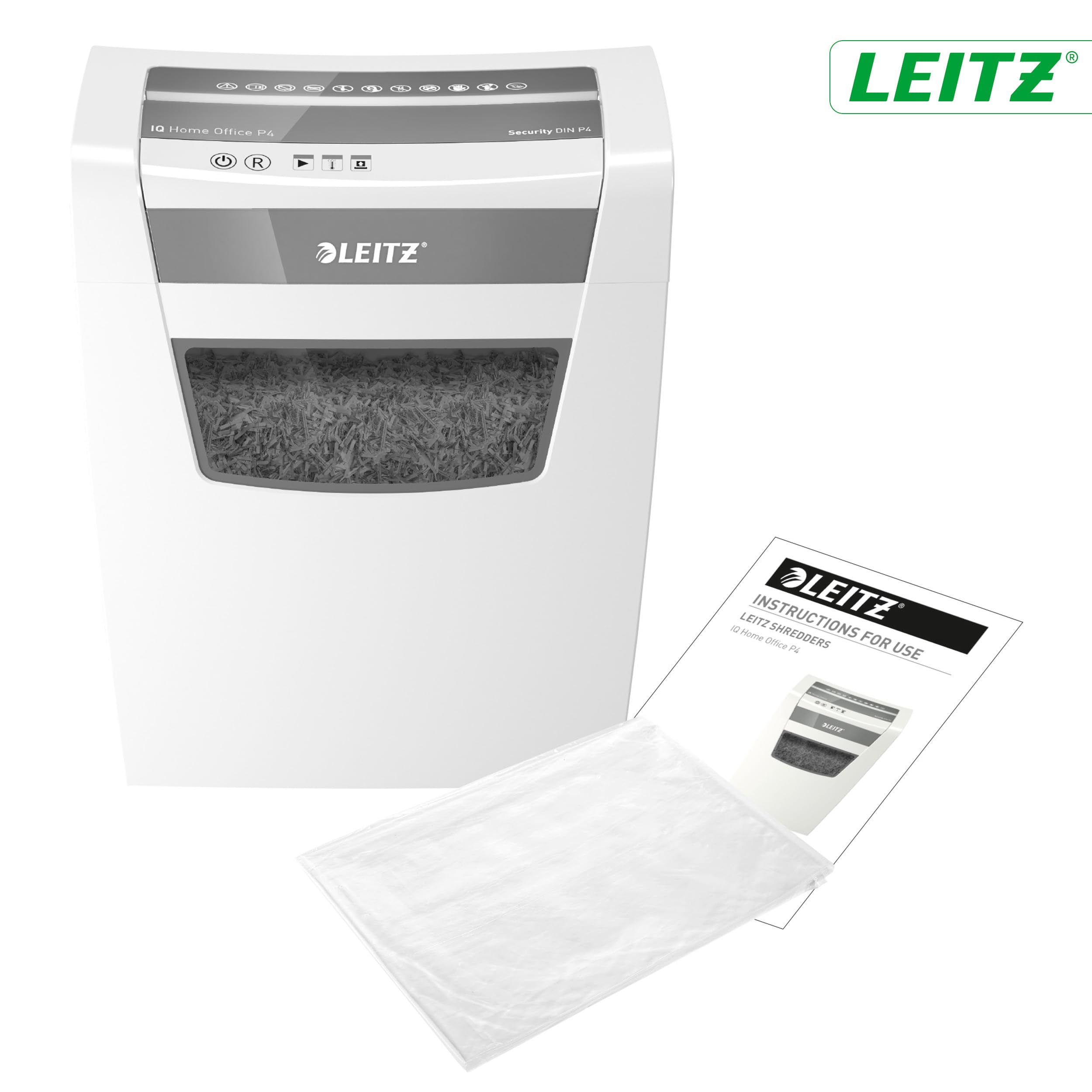 Leitz IQ Aktenvernichter Home Office, 12-10 Blatt (70-80 g/m²), TÜV+GS zertifiziert, Partikelschnitt, Sicherheitsstufe P4, Die Nummer 1 am Markt, 23L Behälter, Schredder für Büro, Weiß, 80090000