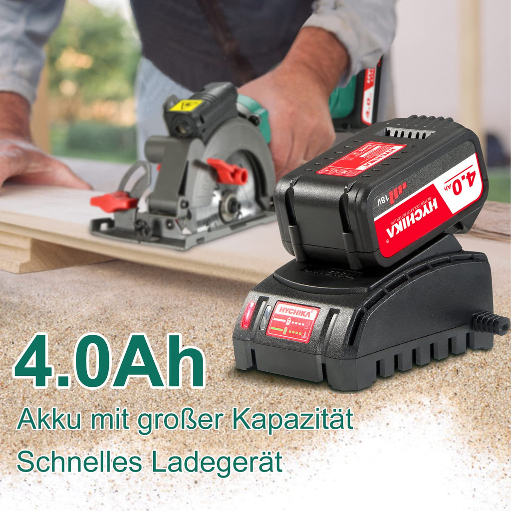 HYCHIKA Handkreissäge 18V, Kreissäge mit 4,0Ah Akku 3500U mit 3 Sägeblättern (115 & 125mm), Laserführung & führungsschiene, Max Schnitttiefe 48mm(90°)/32mm(45°), Mini Kreissäge für Holz, Weichmetall