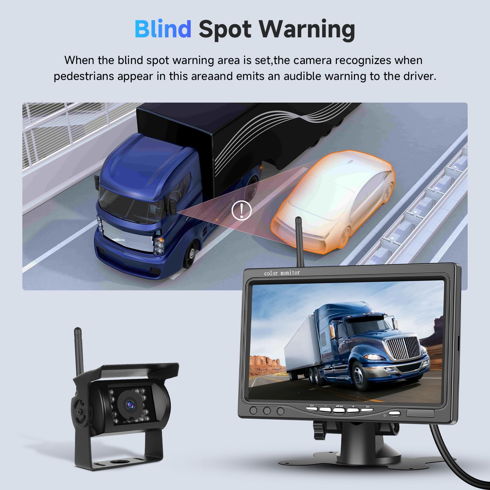Podofo Kabelloses Rückfahrkamera-Set HD 1080P, 7-Zoll-Monitor mit kabelloser Rückfahrkamera für Anhänger, Wohnmobil, LKW, Auto, Bus, IP68 wasserdicht, Nachtsicht, BSD, 12V-36V