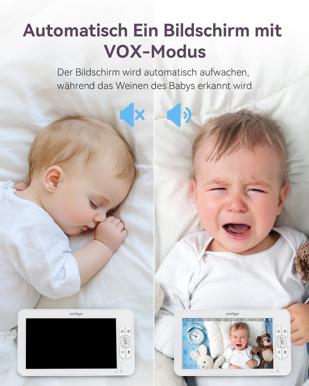 Comfyer Split-Screen Babyphone mit 2 Kameras, 7" HD 720P Video Babyphone ohne WLAN mit Halterung, IR-Nachtsicht Vox-Modus 2-Wege-Audio 6000mAh 300M Reichweite Videoüberwachungsgeräte