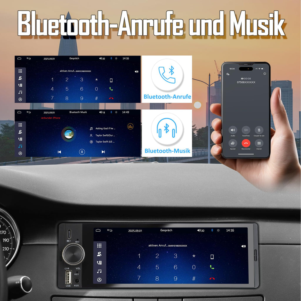 1 DIN Autoradio mit Wireless CarPlay & Android Auto, 6,36 Zoll Auto Radio mit Bildschirm, Rückfahrkamera, FM, Bluetooth, Freisprecheinrichtung, Aux-Eingang, Lenkradsteuerung, Equalizer, Mirror Link