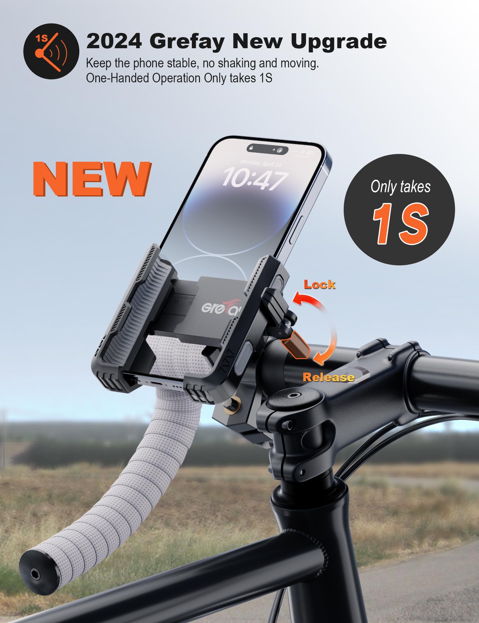 Grefay Fahrrad Handyhalterung【1s-Sperre】 Handyhalter Motorrad Vibrationsgedämpft Handy Fahrradhalterung Universal Lenker Halter für iPhone 16 15 14 13 Pro Max Plus, Samsung S24, Smartphone (Grau)