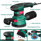 HYCHIKA 450W Exzenterschleifer 125mm, 6 Geschwindigkeiten 6000-12000OPM, effizientes Staubauffangsystem, mit 20PCS 8-Loch Schleifpapier, ideal zum Schleifen von Metall, Holz etc