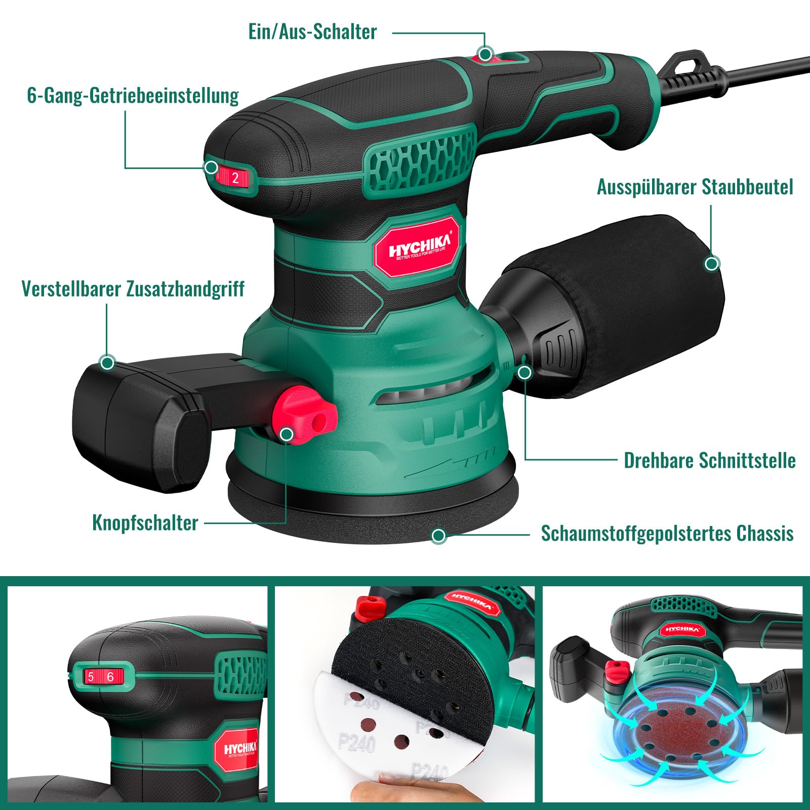 HYCHIKA 450W Exzenterschleifer 125mm, 6 Geschwindigkeiten 6000-12000OPM, effizientes Staubauffangsystem, mit 20PCS 8-Loch Schleifpapier, ideal zum Schleifen von Metall, Holz etc