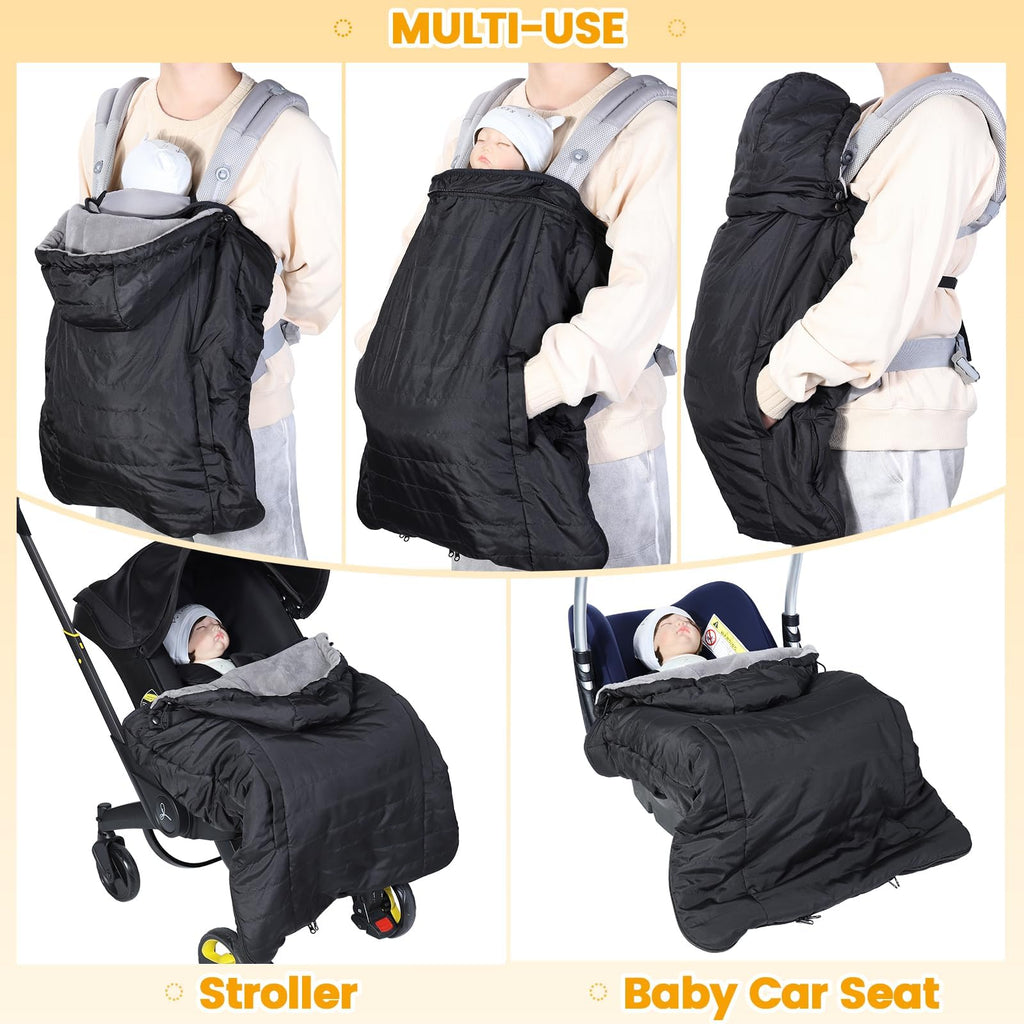 Orzbow Regenschutz Babytrage, Tragecover Babytrage Winter mit Abnehmbares Oberteil, Universal Wintercover Babytrage mit Korallenvlies-Futter, Vordertasche, Reißverschluss Unten, Schwarz