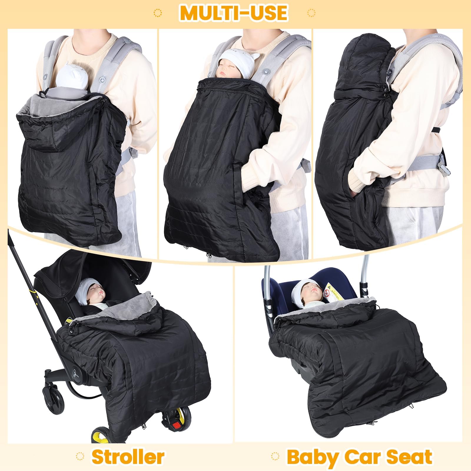 Orzbow Regenschutz Babytrage, Tragecover Babytrage Winter mit Abnehmbares Oberteil, Universal Wintercover Babytrage mit Korallenvlies-Futter, Vordertasche, Reißverschluss Unten, Schwarz