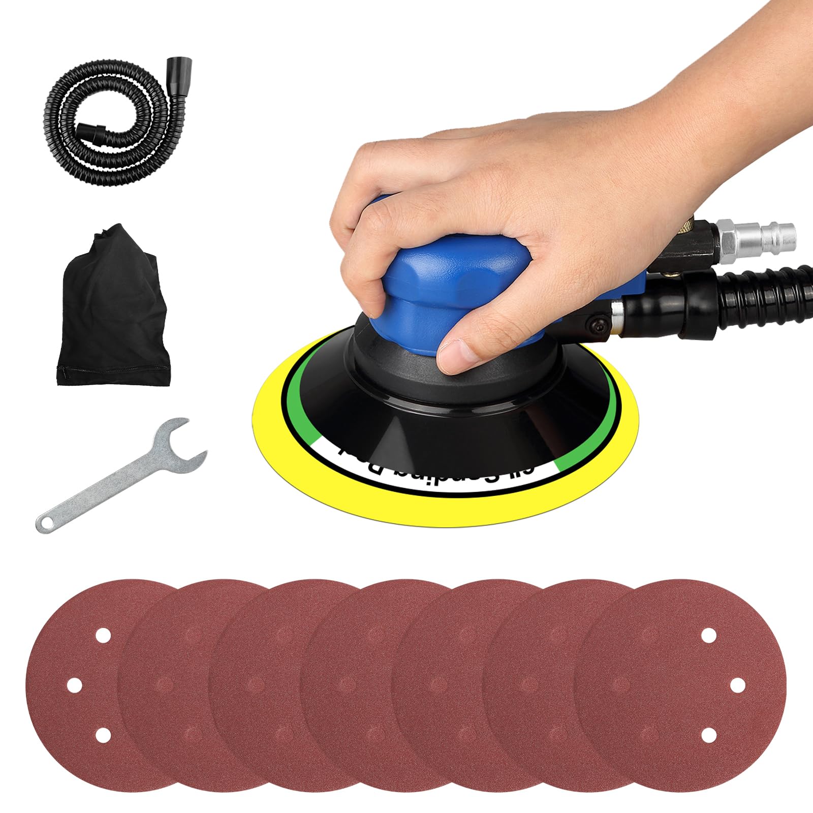 Uten 15,2 cm Luft-Exzenterschleifer, Dual-Aktion, pneumatischer Handflächenschleifer mit Geschwindigkeitsregulierung mit 7 Stück Sandpapier