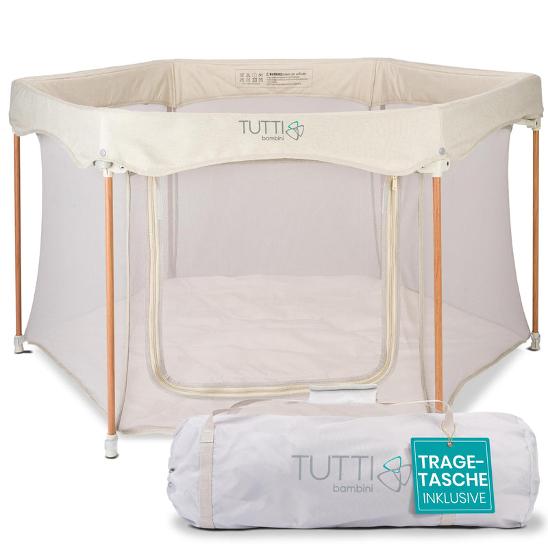 Tutti Bambini Laufstall Baby Faltbar - Baby Playpen mit 360°-Netzwänden, Schnellklappmechanismus, Reißverschlusstür, Bodenmatte & Tragetasche, 135 x 135 x 75 cm (Ecru)