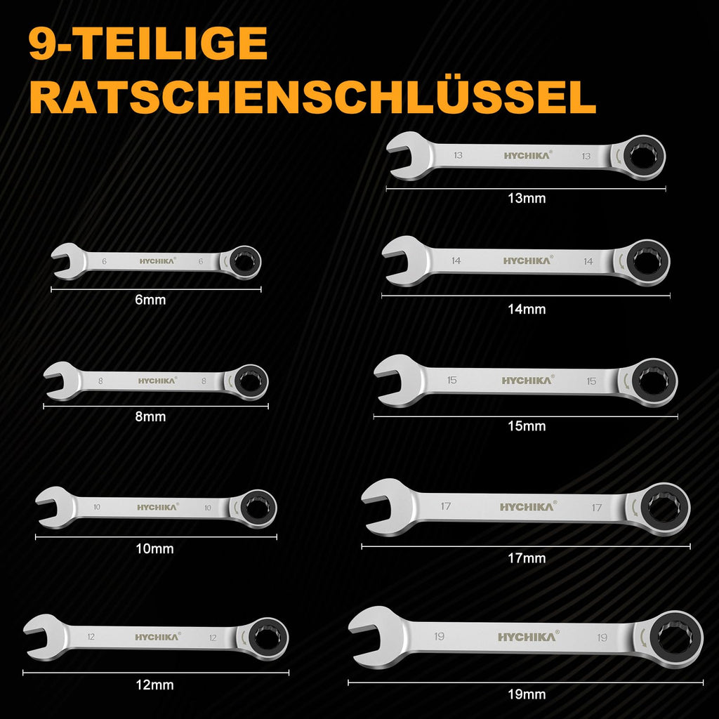 HYCHIKA Ratschenschlüssel Set, 9Pcs Ringschlüssel Set, Schraubenschlüssel set 6-19 mm, Maulschlüssel Ringmaulschlüssel für Fahrradreparatur Autoreparatur