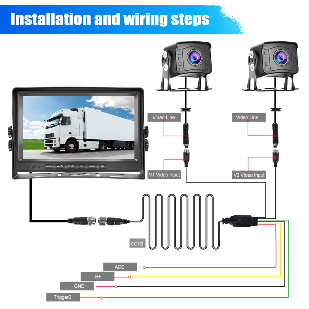 CAMECHO Rückfahrkamera 2 Kameras Set,9 Zoll LCD Monitor DVR +2 Geteilte Rück Kamera mit Nachtsicht IP69 Wasserdicht+Videoaufzeichnung für LKW/Bus/Van 12V-35V