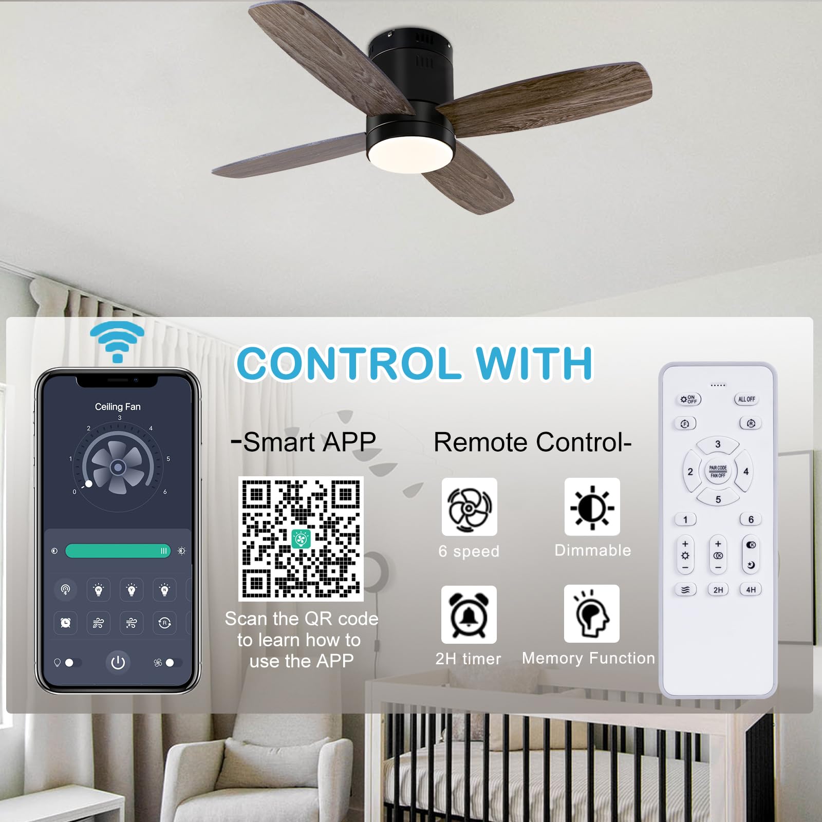 Ohniyou Deckenventilator mit Beleuchtung und Fernbedienung - 96,5 cm(38 Zoll) Deckenventilator mit Licht und App-Steuerung Leise, Dimmbar, für Schlafzimmer Terrasse, Innen-/Außenbereich