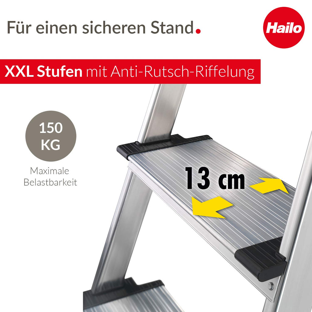 Hailo L80 ComfortLine Alu-Sicherheits-Stehleiter - klappbare Leiter mit 4 XXL Stufen und Ablageschale - Arbeitshöhe bis 285 cm - Gewicht 4,4 kg - Silber