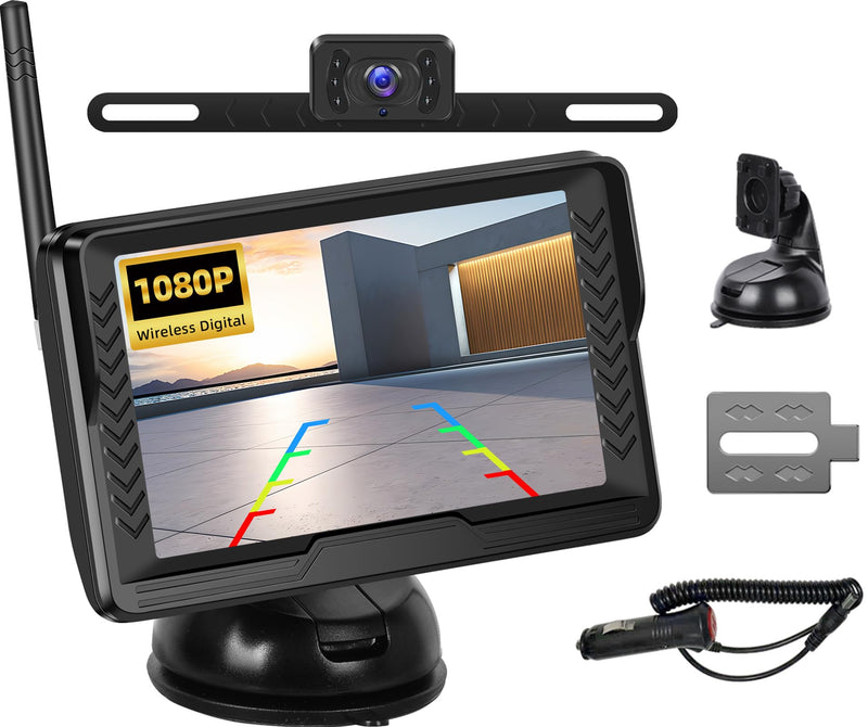 OiLiehu Kabellose Digitale Rückfahrkamera Set, IP68 Infrarot Nachtsicht AHD Kamera, 1080P Funk Rückfahrkamera mit 5" IPS Monitor, für Auto DC 12V
