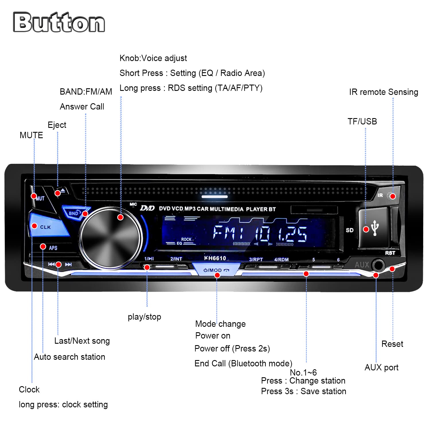 Alondy 1DIN Autoradio Bluetooth mit CD/DVD Player USB AM/FM/RDS Radio Freisprecheinrichtung SD AUX