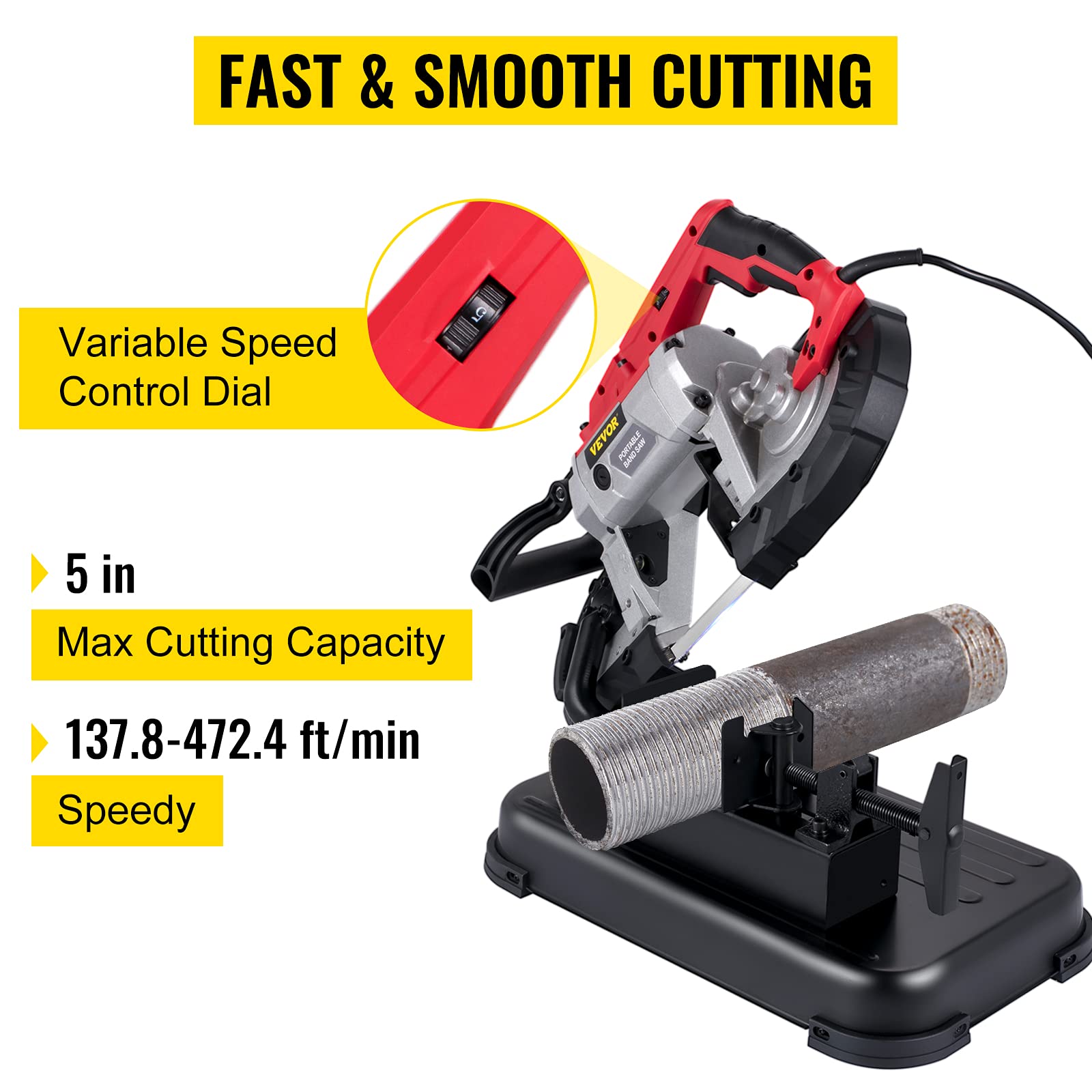 VEVOR Bandsäge 12,7 cm Schnittgröße, 1100 W 10 A Sägeband aus Stahl Eisensäge mit 127 mm Max Schnittkapazität (ohne Sockel), 137,8-472,4 Fuß pro Minute Geschwindigkeitsskala Metallbandsägemaschine