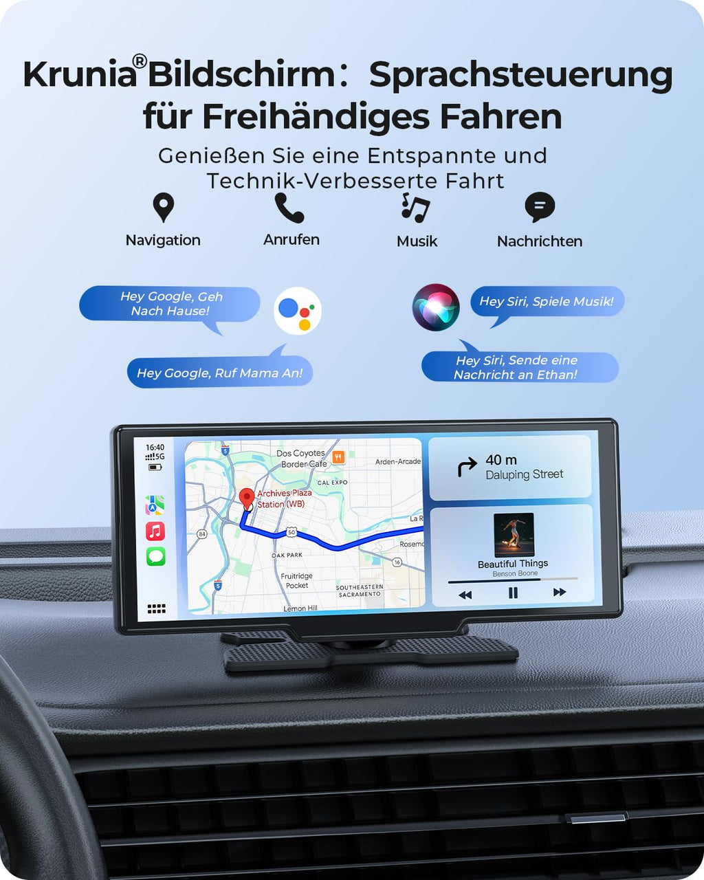 Krunia 9,26" Drahtloses Tragbarer Car Play Display mit 4K-Front- & HD-Rückfahr-Dual-Dashcam für Apple CarPlay & Android Auto mit OTA-Updates, Mirror Link, Bluetooth 5.0, Sprachsteuerung, GPS, FM