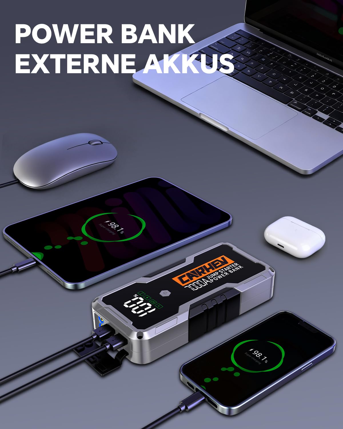 CARHEV 7000A Starthilfe Powerbank für Pkw, 12V Auto Starthilfe Powerbank (Bis Zu 10,0L Benzin Oder 10,0L Diesel), Auto Starter Powerbank mit QC 3.0 USB Ausgänge, Batterie Jump Starter mit LED