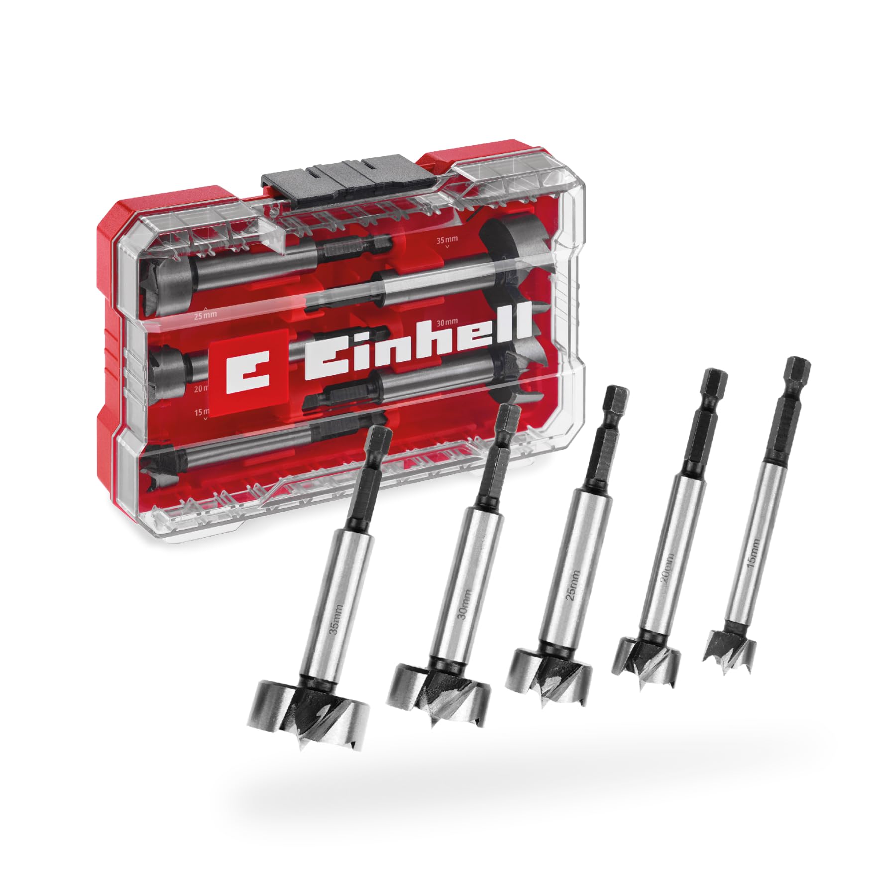 Original Einhell M-CASE 5-tlg. Forstnerbohrer-Set (aus C65 Stahl, E 6.3 Schaft, Querschneide, Zentrierspitze, konische Kopfform, 4-seitig geschlossene Vorschneide inkl. Aufbewahrungsbox)
