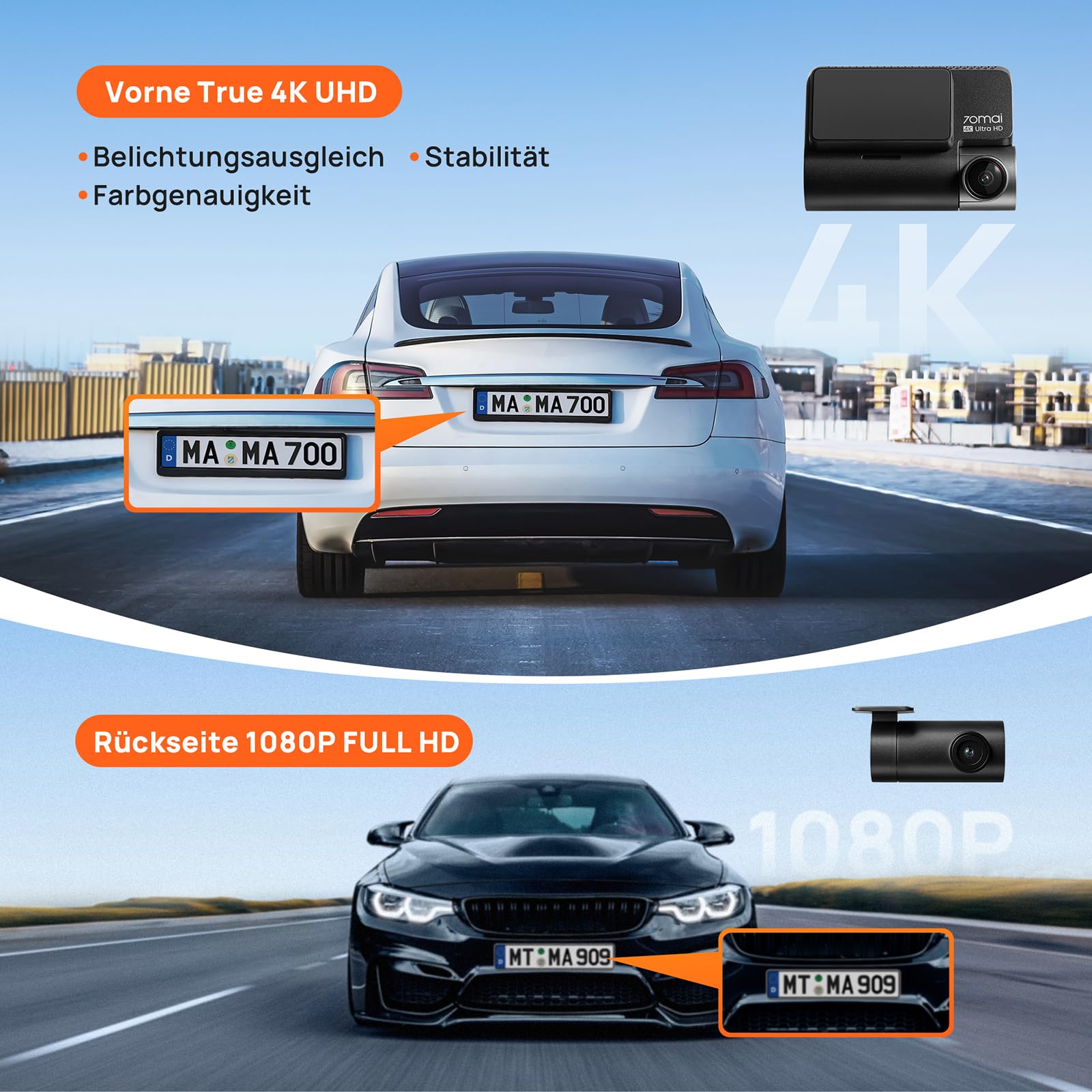 70mai 4K Dashcam A810, HDR Dual-Kanal Dash Cam mit 128GB SD-Karte, Sony STARVIS 2, Night Owl Vision, vorne und hinten 24/7 Parküberwachung, AI-Sensor, GPS, ADAS, WiFi&App Steuerung, bis zu 256GB