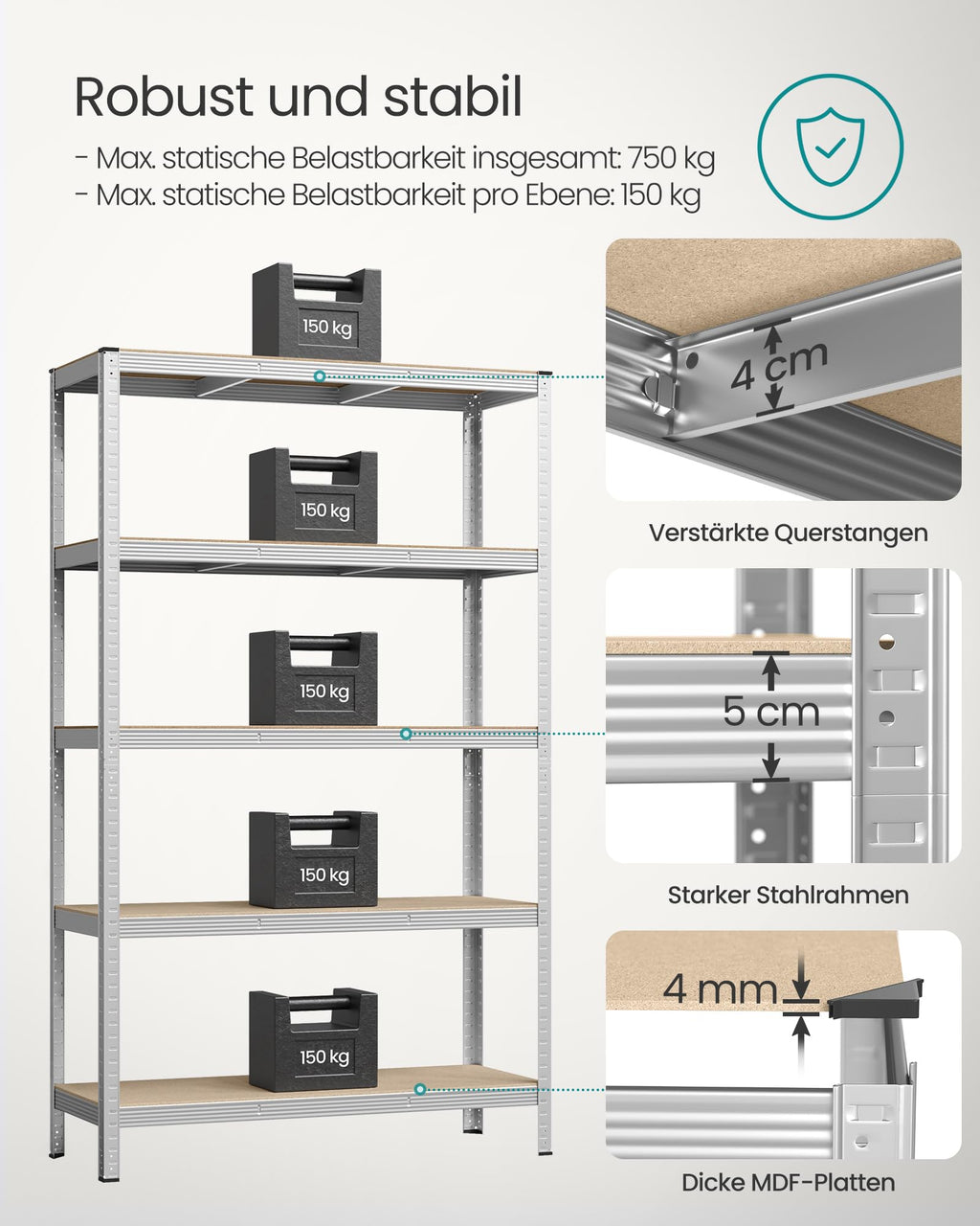 SONGMICS 2 Stück 5 Ebenen Lagerregal Bolzenlose Montage 750 kg Tragkraft 60 x 120 x 200 cm Silber GLR060E02