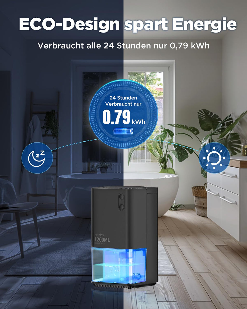Heelay Luftentfeuchter 1200 ml, elektrischer Luftentfeuchter, energiesparend, tragbar, ultraleise, automatische Abschaltung, 7-farbiges Licht, Raumentfeuchter für Schlafzimmer, Badezimmer und Zuhause