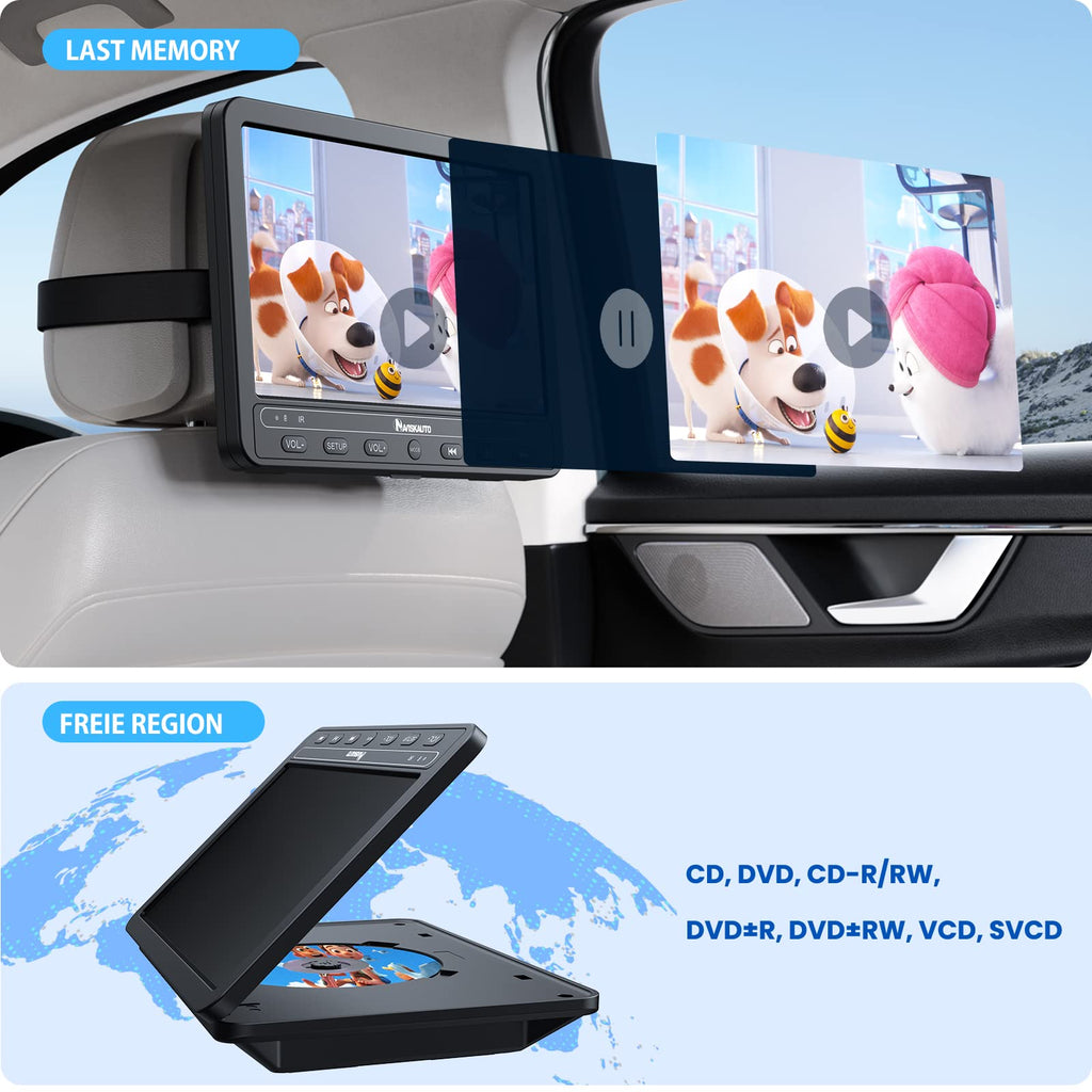 NAVISKAUTO 10,5 Zoll DVD Player Auto 2 Monitore Mit Eingebauter 5000 mAh Akku HDMI IN, Tragbarer DVD-Player Auto Fernseher TV Rücksitz Für Kinder Unterstützt USB/SD-Karte Mit Zwei Kopfhörern