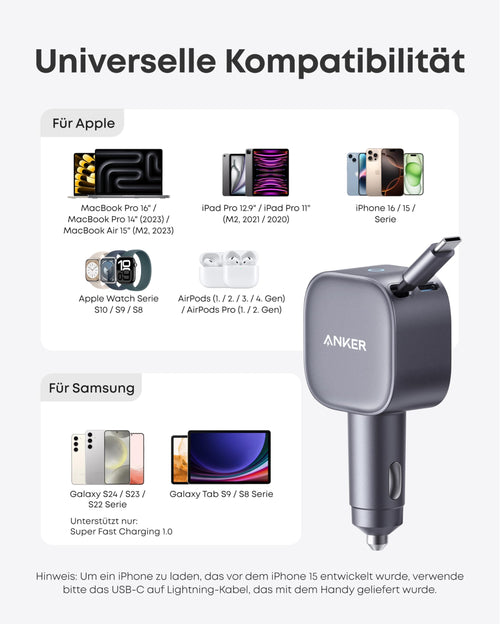 Anker USB-C Kfz-Ladegerät, 75W Max. Ultra-kompaktes Typ-C Kfz-Schnellladegerät, Integriertes einziehbares Kabel, Autonetzteil für iPhone 17/16/15 Serie, MacBook Pro/Air, iPad, Galaxy, AirPods