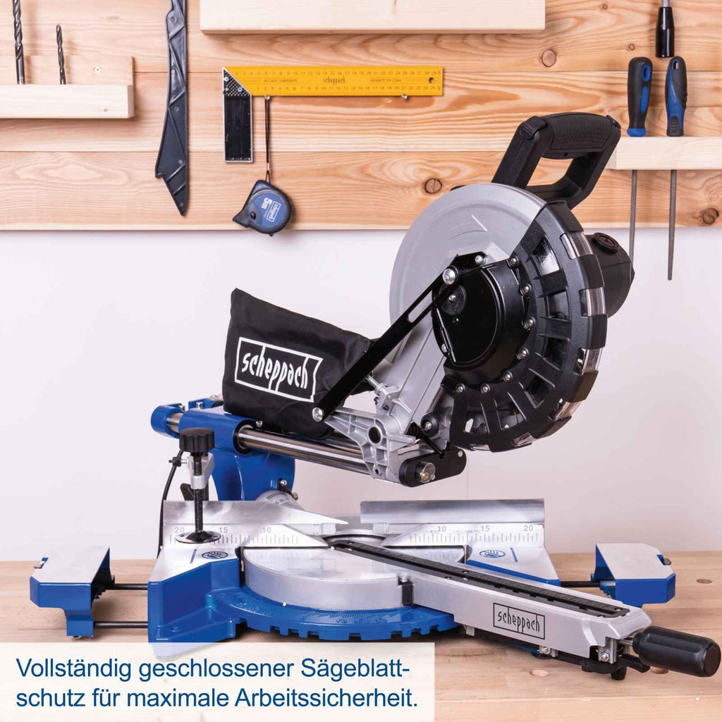 Scheppach HM254 Kappzugsäge mit Softstart & Laser - 2000W Leistung |Ø 255mm Sägeblatt | Schnittbreite/höhe: 340mm x 90mm | inkl. 2. Sägeblatt (HM254)