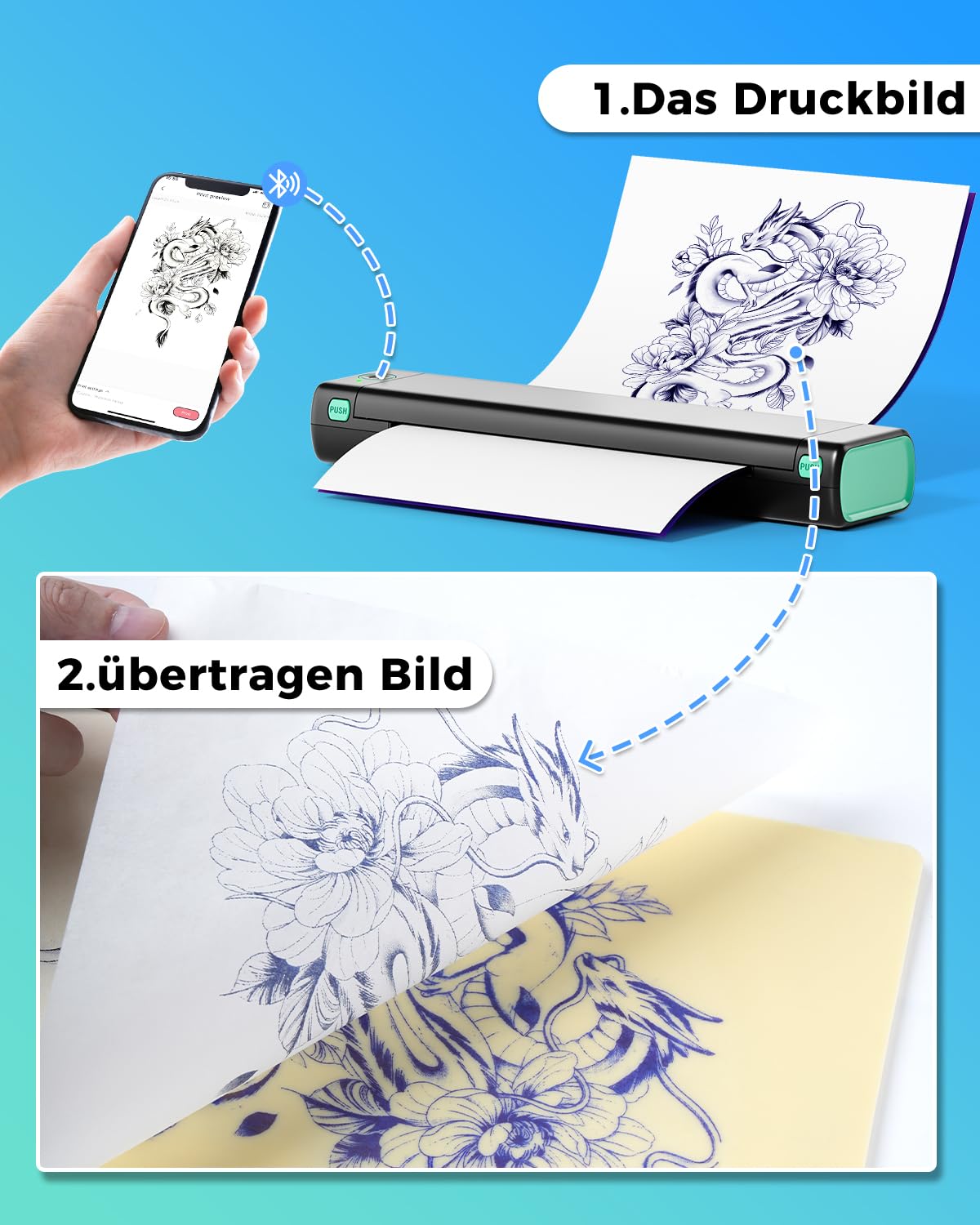 Phomemo M08F Tattoo Drucker Tattoo Stencil Drucker Transfer Maschine Professionelle Thermodrucker Kopierer Kompatibel mit Smartphone und PC mit 10pcs Transferpapier
