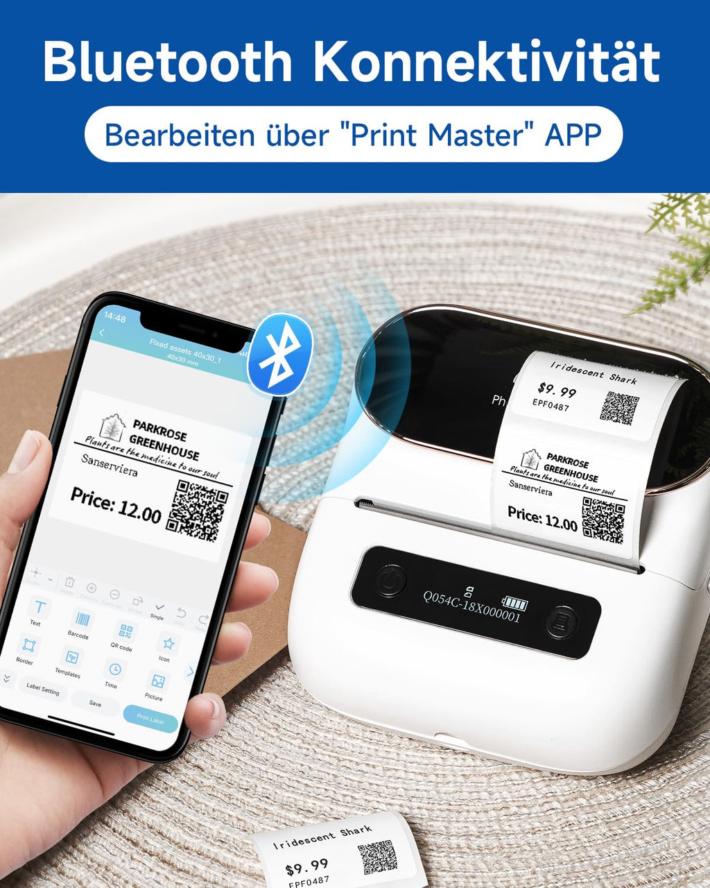 Phomemo M220 Etikettendrucker Bluetooth, Tragbarer Etikettiergerät Bluetooth Thermo Label Printer für Barcode,Einzelhandel,kleine Unternehmen,mit Telefonen & PC-System Weiß