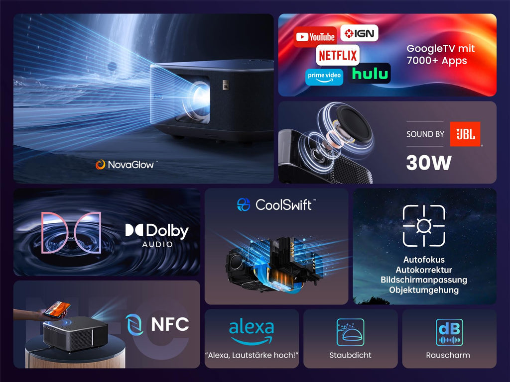 Yaber K3 Smart Beamer 【 Google TV & Sound by JBL】 Tageslicht Beamer mit WiFi 6 & Bluetooth, Handy Projektor für 4k Heimkino & Outdoor, Dolby Audio/Auto-Bildeinstellung, Netflix & 7000+ Apps