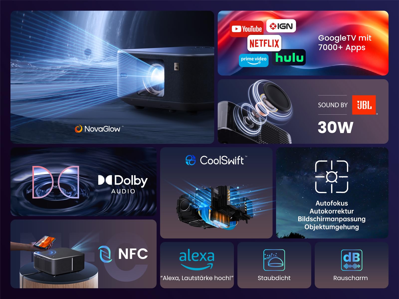 Yaber K3 Smart Beamer 【 Google TV & Sound by JBL】 Tageslicht Beamer mit WiFi 6 & Bluetooth, Handy Projektor für 4k Heimkino & Outdoor, Dolby Audio/Auto-Bildeinstellung, Netflix & 7000+ Apps