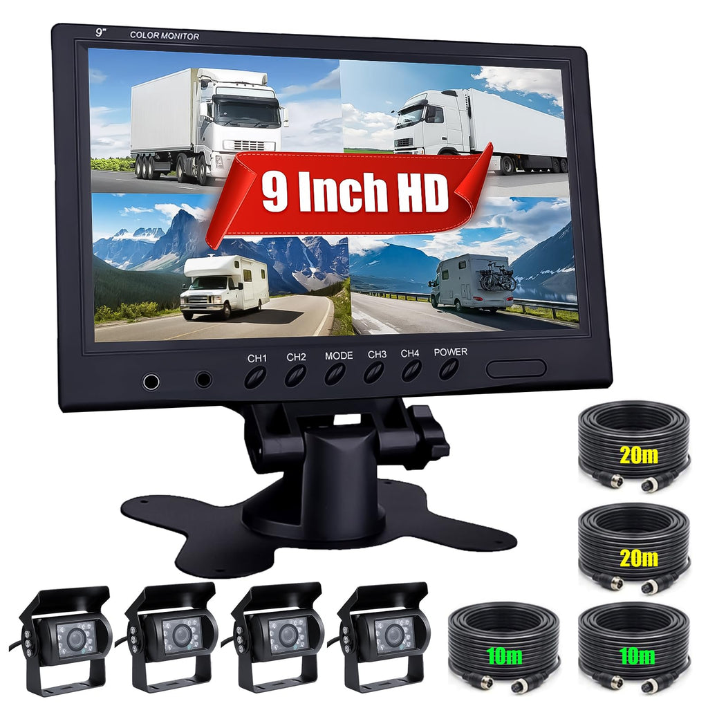CAMECHO Rückfahrkamera 4 Kameras Set, 9" Monitor 4 Geteilte Rück und Vorder Kamera, Weitwinkel, IP68 wasserdicht, 18IR Nachtsicht, Rückfahrkamera funk für LKW/Anhänger/Bus/Van/Landwirtschaft(12V-35V)