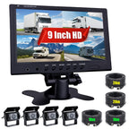CAMECHO Rückfahrkamera 4 Kameras Set, 9" Monitor 4 Geteilte Rück und Vorder Kamera, Weitwinkel, IP68 wasserdicht, 18IR Nachtsicht, Rückfahrkamera funk für LKW/Anhänger/Bus/Van/Landwirtschaft(12V-35V)