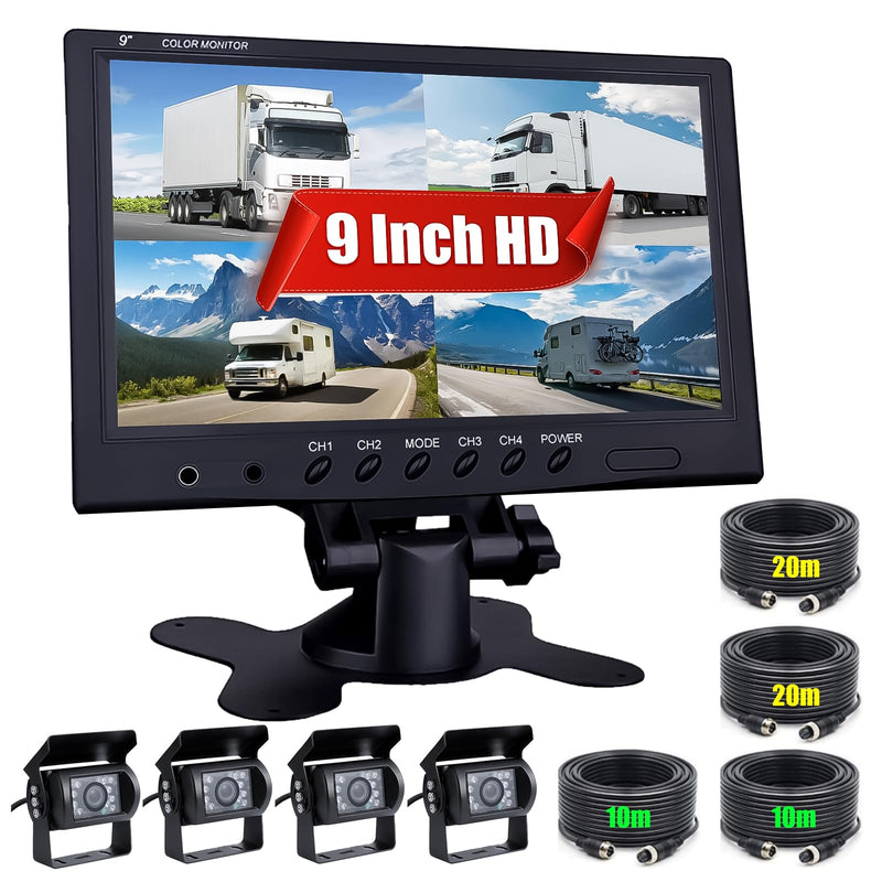 CAMECHO Rückfahrkamera 4 Kameras Set, 9" Monitor 4 Geteilte Rück und Vorder Kamera, Weitwinkel, IP68 wasserdicht, 18IR Nachtsicht, Rückfahrkamera funk für LKW/Anhänger/Bus/Van/Landwirtschaft(12V-35V)