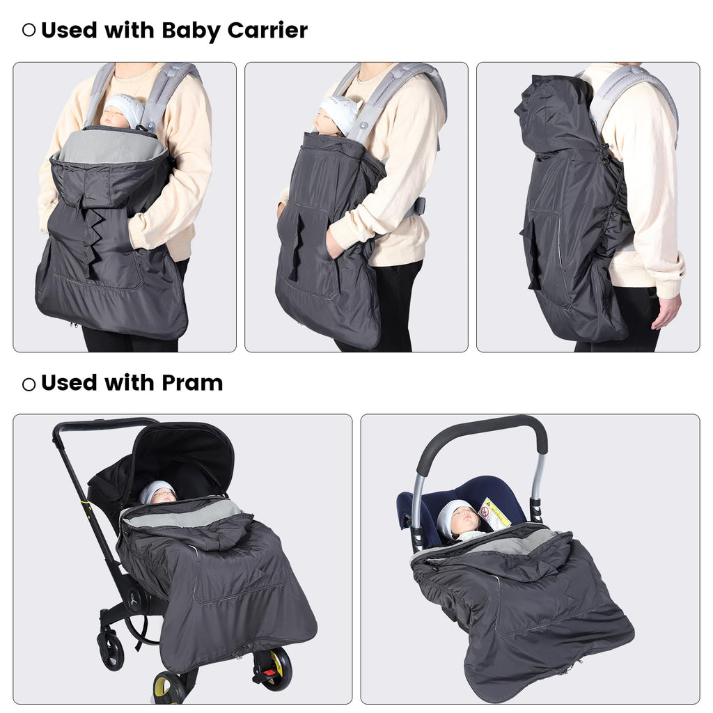 Orzbow Tragecover Babytrage Winter, Universal Wintercover Babytrage, Regenschutz Babytrage mit Aufbewahrungstasche, Abnehmbares Oberteil, Polarfleece-Futter, Wasserdichte, Dunkelgrau-Dino