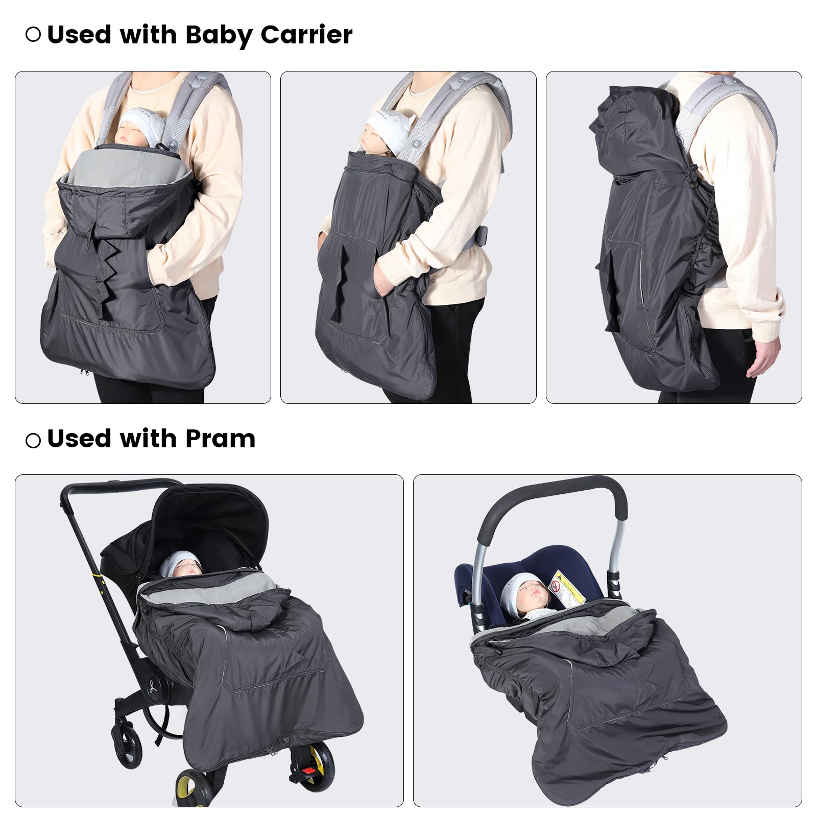 Orzbow Tragecover Babytrage Winter, Universal Wintercover Babytrage, Regenschutz Babytrage mit Aufbewahrungstasche, Abnehmbares Oberteil, Polarfleece-Futter, Wasserdichte, Dunkelgrau-Dino