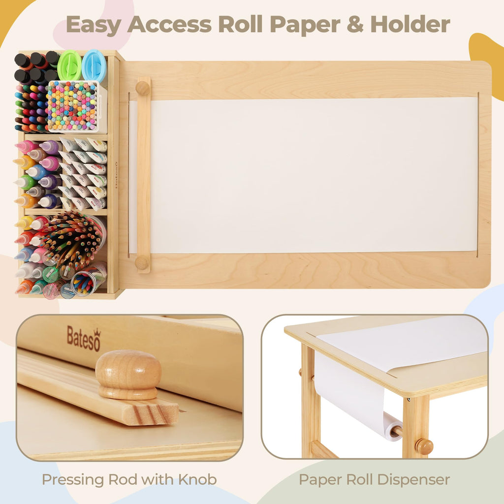 Bateso Kinder-Kunsttisch & 2 Stühle Set mit Rollenpapier - Geräumiger Basteltisch mit Ablageflächen zum Zeichnen, Arbeiten und Lernen - Ideale Holzmöbel für kreatives Spielen