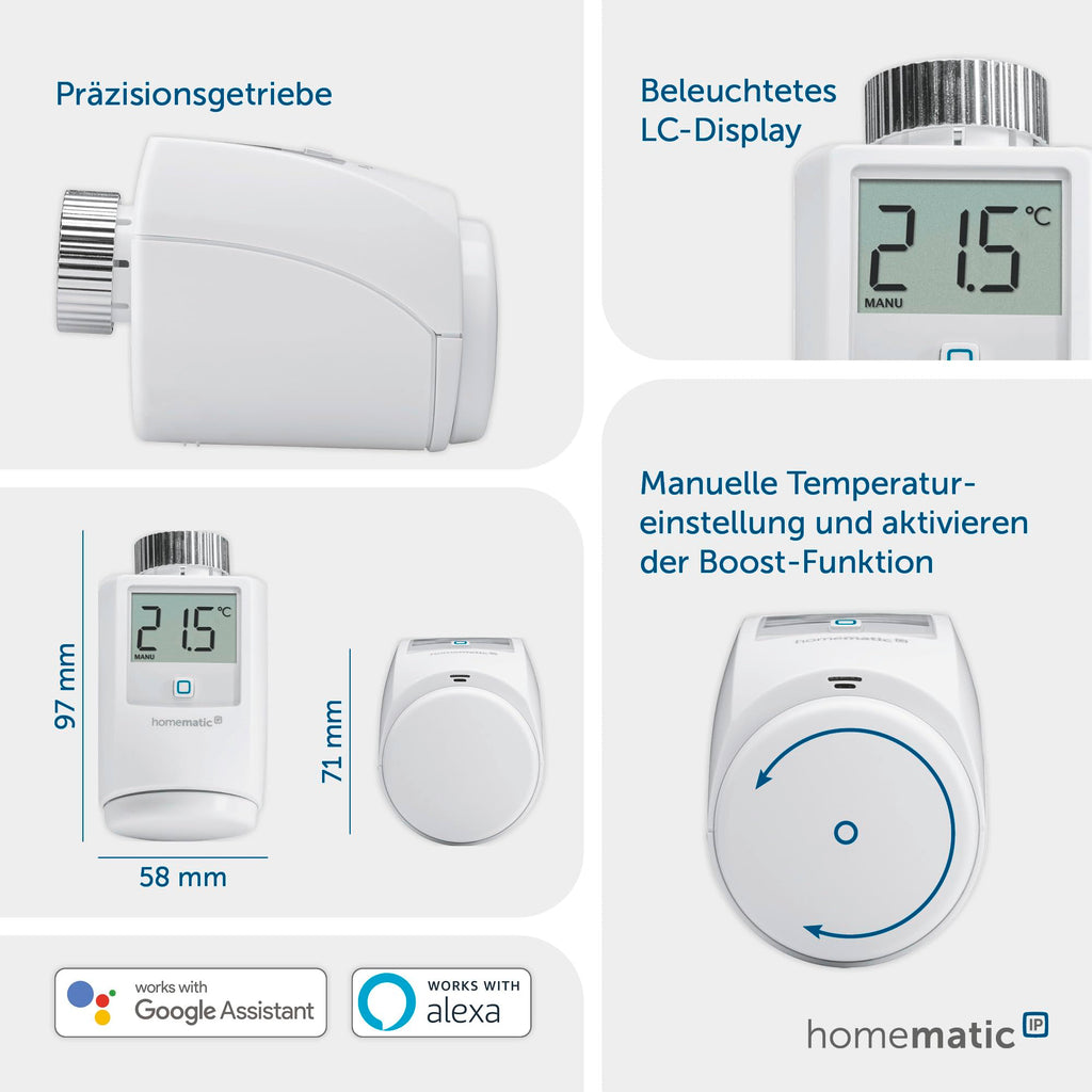 Homematic IP Smart Home Heizkörperthermostat, digitaler Thermostat Heizung, Heizungsthermostat, Steuerung per App, Alexa & Google Assistant, einfache Installation, Energie sparen, 140280A0