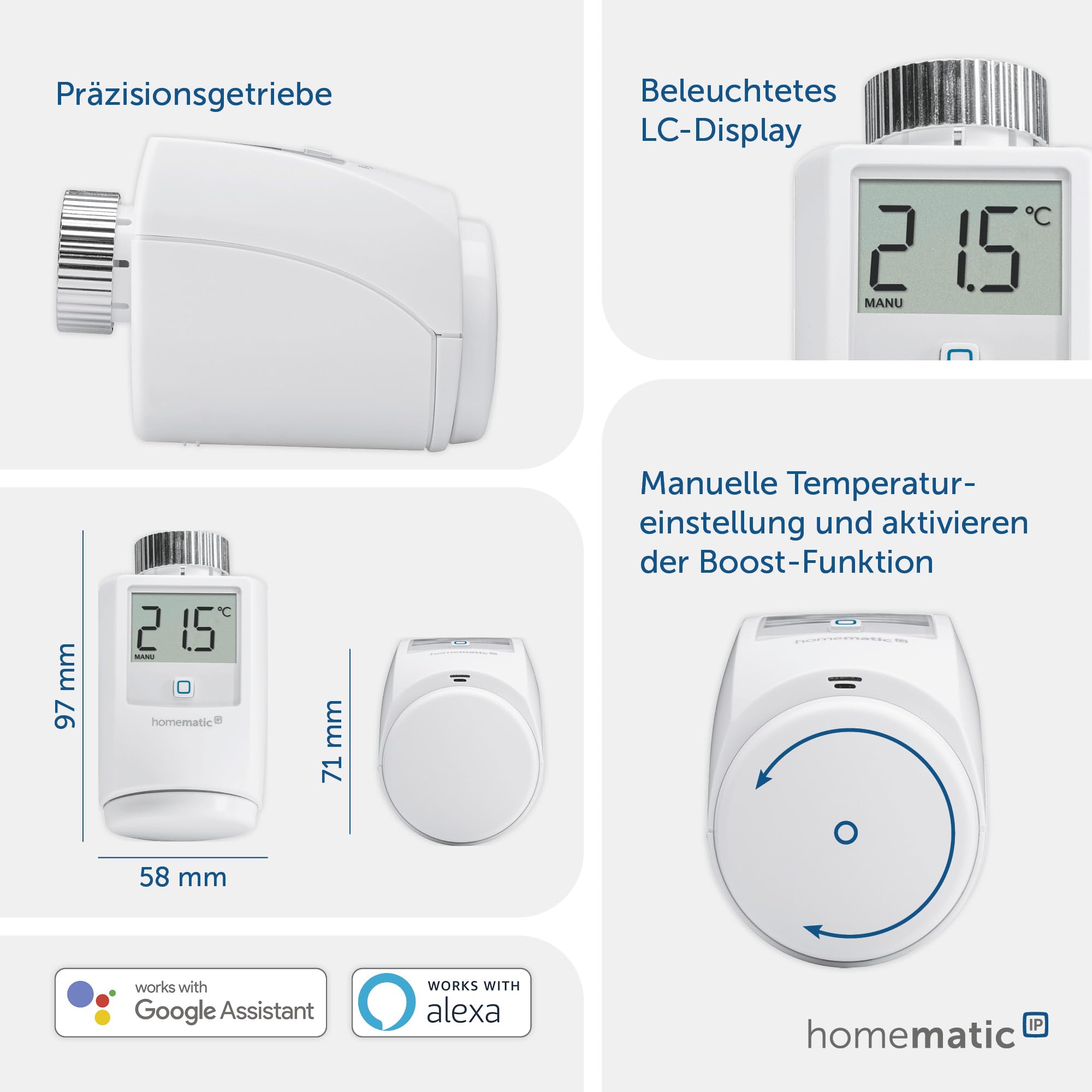Homematic IP Smart Home Heizkörperthermostat, digitaler Thermostat Heizung, Heizungsthermostat, Steuerung per App, Alexa & Google Assistant, einfache Installation, Energie sparen, 140280A0