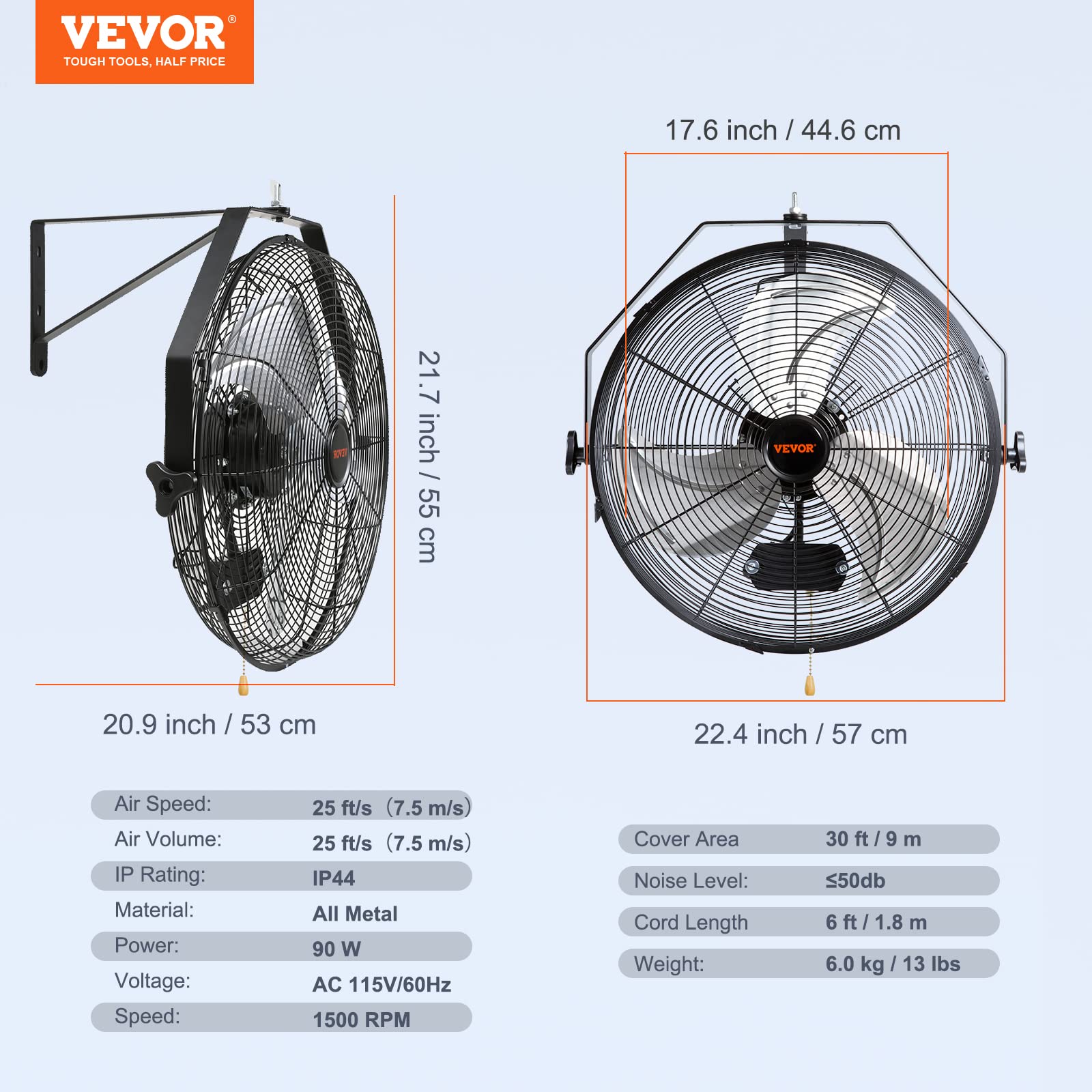 VEVOR Wandventilator, 57 cm, wasserdichter oszillierender Wandventilator, 3 Geschwindigkeiten, 4150 CFM, gewerblicher Wohnventilator zur Kühlung von Lager, Gewächshaus, Werkstatt, Terrasse, Schwarz