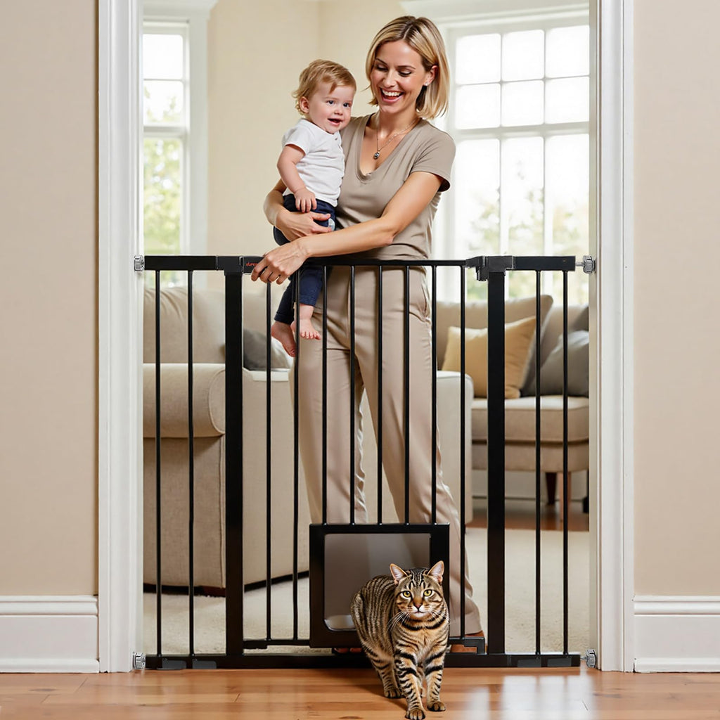 UBRAVOO Babygitter für Türen und Treppen,Druckmontage, kein Bohren,automatisch schließendes Metalltür-Sicherheitsgitter für Kinder&Haustiere, Mit Wandschutz und Verlängerungen (Schwarz-D, 76-104cm)