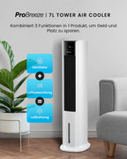 Pro Breeze OmniAir Turmventilator mit Wasserkühlung - Luftkühler mit Fernbedienung, 4 Modi, 4 Gebläsestufen - Ventilator leise - Mobile Klimaanlage ohne Abluftschlauch - Verdunstungskühler, 7L
