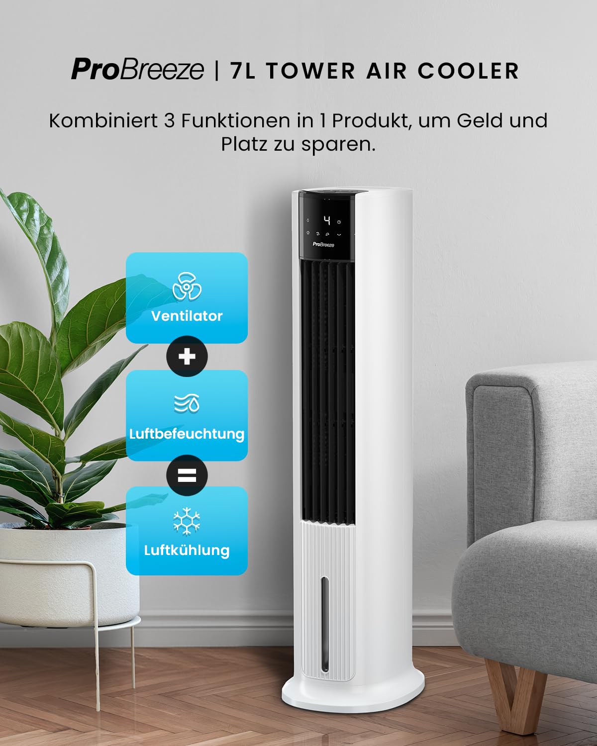 Pro Breeze OmniAir Turmventilator mit Wasserkühlung - Luftkühler mit Fernbedienung, 4 Modi, 4 Gebläsestufen - Ventilator leise - Mobile Klimaanlage ohne Abluftschlauch - Verdunstungskühler, 7L
