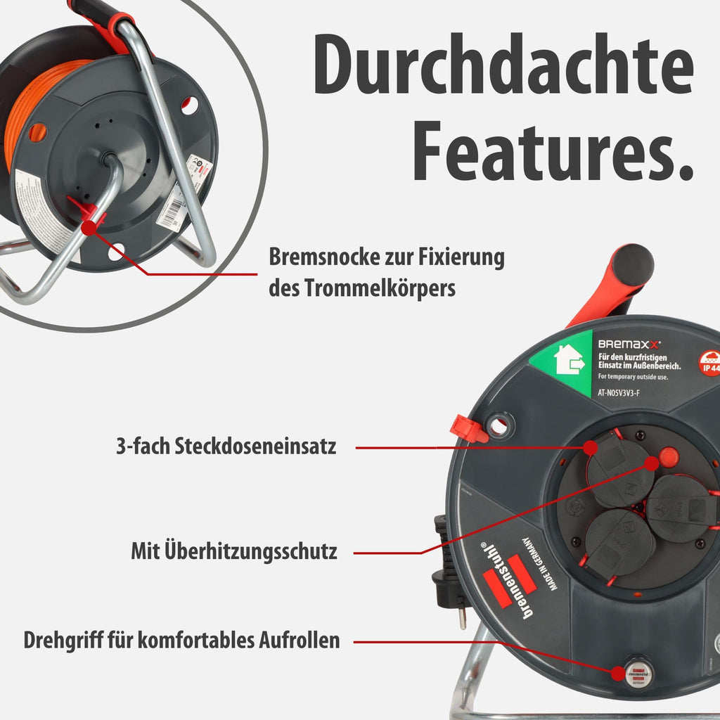 Brennenstuhl Garant V2 IP44 Kabeltrommel 50m outdoor (Made in Germany, 3 Schutzkontakt-Steckdosen, Überhitzungsschutz, kurzfristiger Einsatz im Außenbereich)