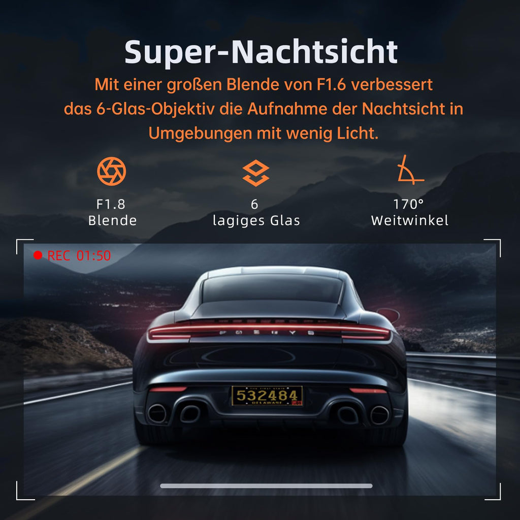 Dashcam Auto Vorne Hinten 4K+1080P, Dash Cam Auto mit GPS WiFi, Parküberwachung, Dual Autokamera mit 32GB Karte, 170° Weitwinkel, Super Nachtsicht, G-Sensor, Loop-Aufnahme, APP Steuerung, Max 256GB