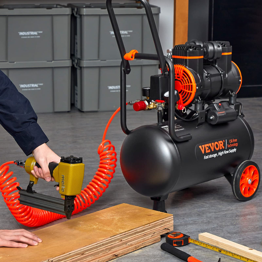 VEVOR Kompressor 24L Silent Druckluftkompressor, 6-8Bar, 1450W(2PS), 3,5 MPa, 2800U/min Ölfreier 70dB Flüsterkompressor mit 2 Rädern, Druckbehälter Autoreparaturen Sprühlackierung Holzarbeiten