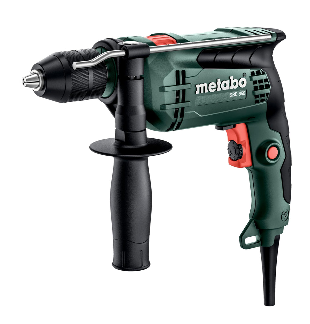 metabo Schlagbohrmaschine SBE 650 Set - 650 W - Drehzahlregelung, Zusatzhandgriff, Bohrtiefenanschlag, Transportkoffer, kompakt & leistungsstark - Bohren in Beton, Holz, Stahl - Inkl. Mobile Werkstatt