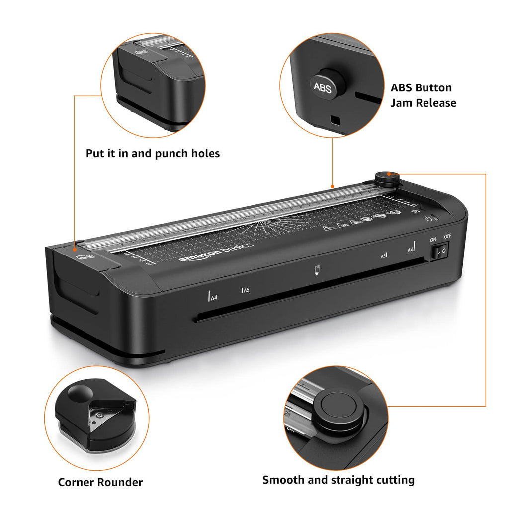 Amazon Basics 3-in-1-Thermolaminiergerät für A4-Größe, mit Funktionen zum Schneiden, Stanzen und Abrunden von Ecken, inkl. 10 Hüllen, EU-Stecker, Schwarz